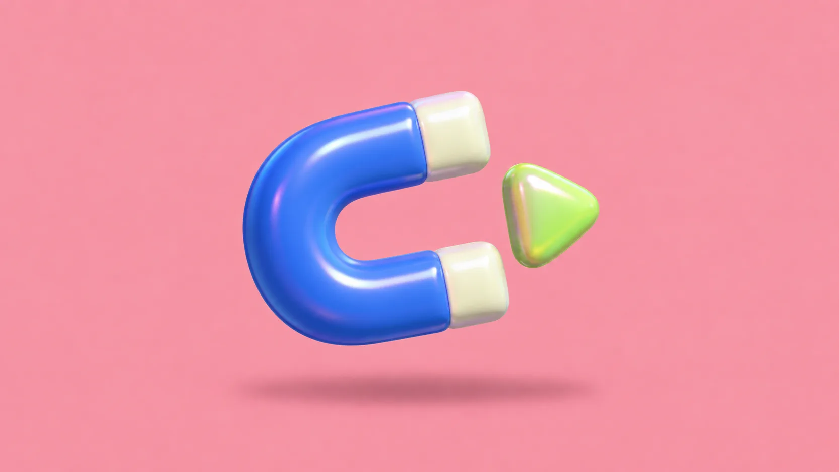Um ímã inflável azul atrai uma pequena pedra verde em forma de botão de play, sobre fundo rosa.