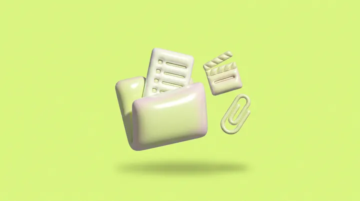 Uma pasta inflável verde-lima com um checklist, uma claquete e um clipe de papel.
