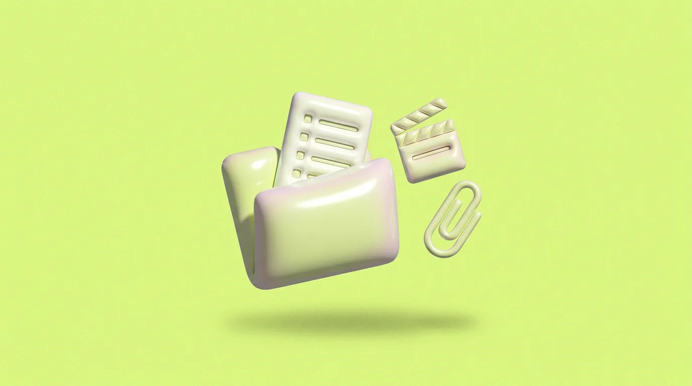 Uma pasta inflável verde-lima com um checklist, uma claquete e um clipe de papel.