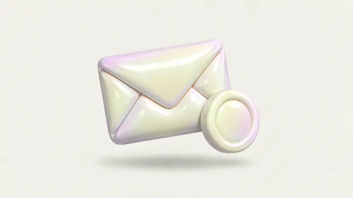 Um envelope inflável lacrado com uma moeda inflável apoiada nele, sobre fundo creme.