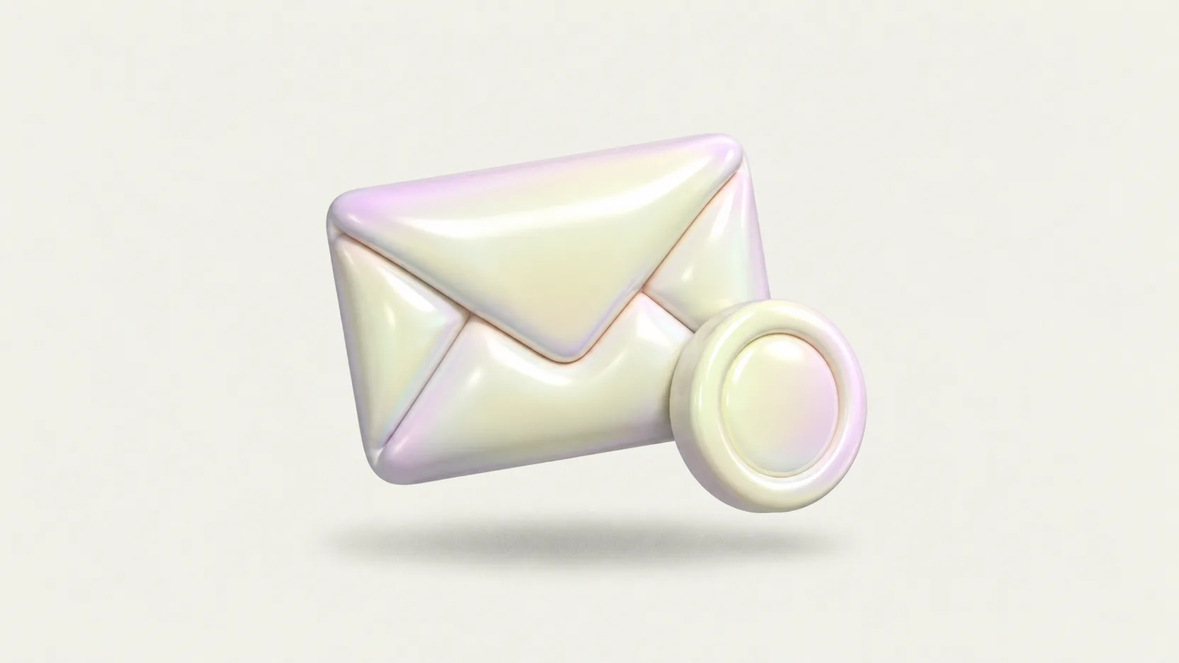 Um envelope inflável lacrado com uma moeda inflável apoiada nele, sobre fundo creme.