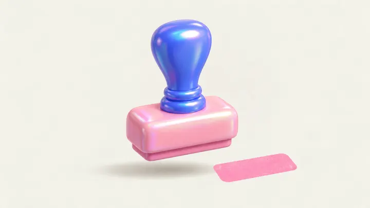 Um carimbo inflável azul e rosa em pé, com uma pequena marca rosa no chão ao lado, sobre fundo creme.