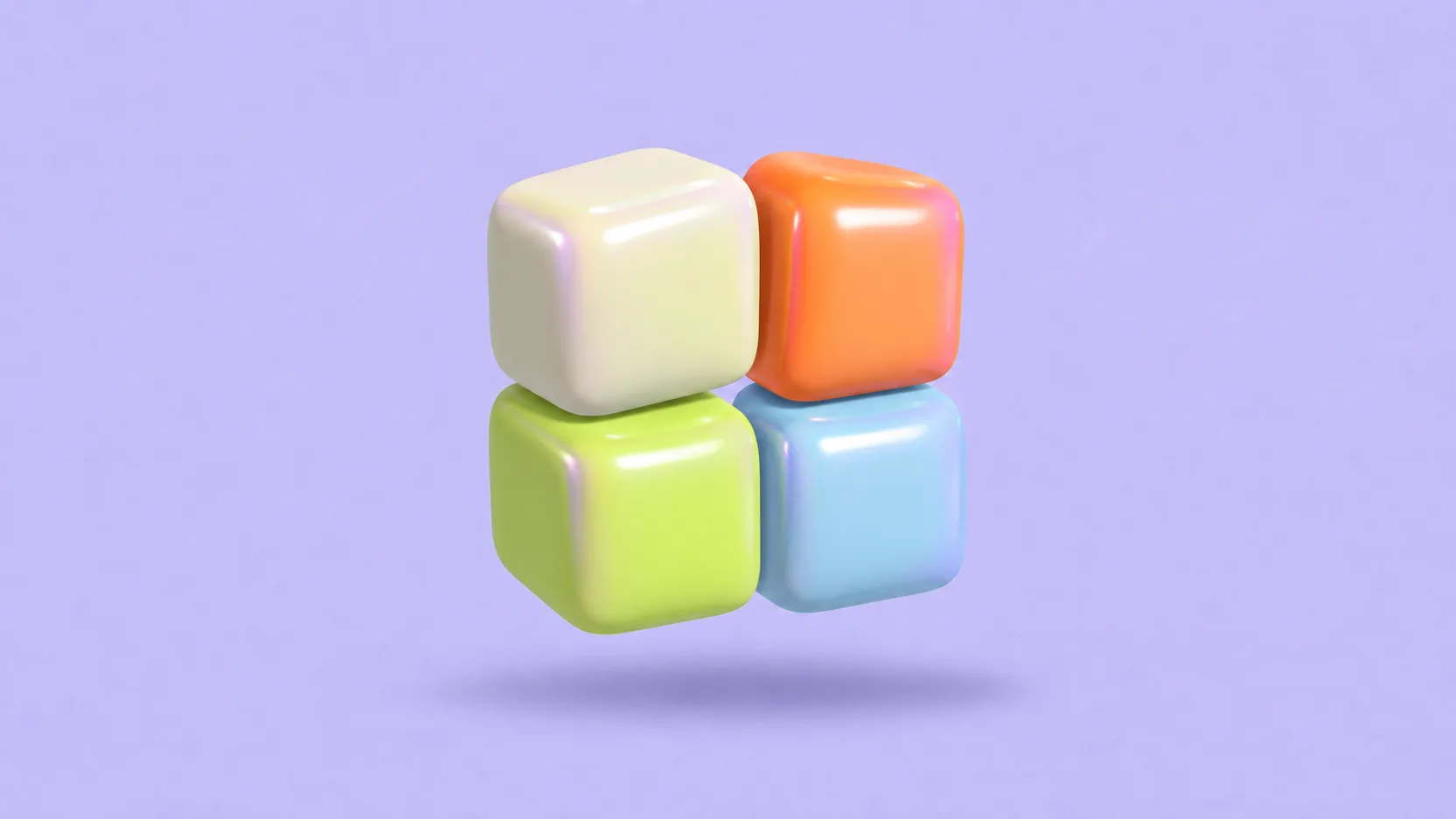 Quatro cubos infláveis — creme, laranja, verde-lima e azul — agrupados como um bloco maior, sobre fundo lilás.