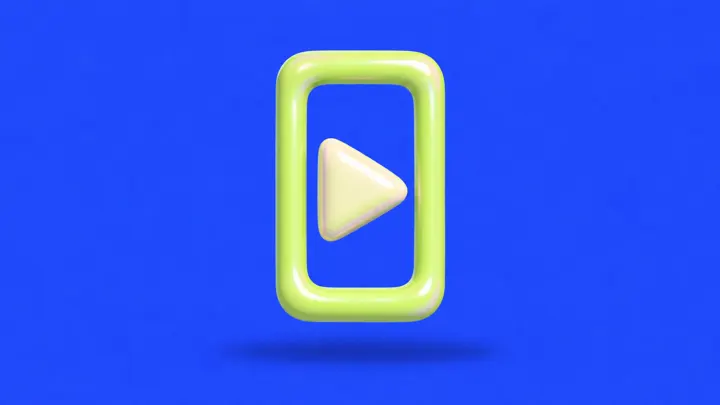 Uma tela de vídeo vertical inflável, verde-lima, com um grande botão de play creme, sobre azul-cobalto.