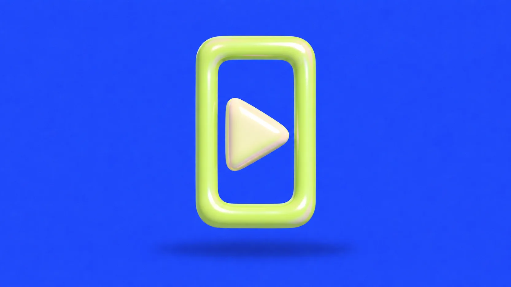 Uma tela de vídeo vertical inflável, verde-lima, com um grande botão de play creme, sobre azul-cobalto.