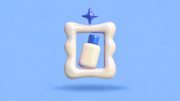 Uma moldura inflável com a silhueta de um frasco e um pequeno brilho de quatro pontas acima, sobre azul-céu.