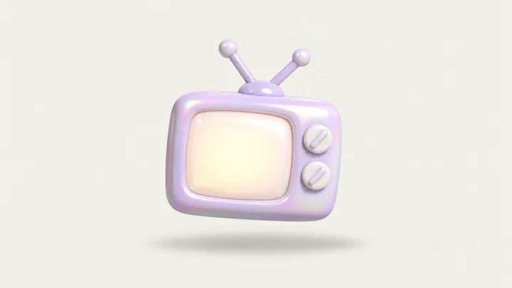 Uma televisão retrô inflável lilás com a tela acesa, sobre fundo creme.