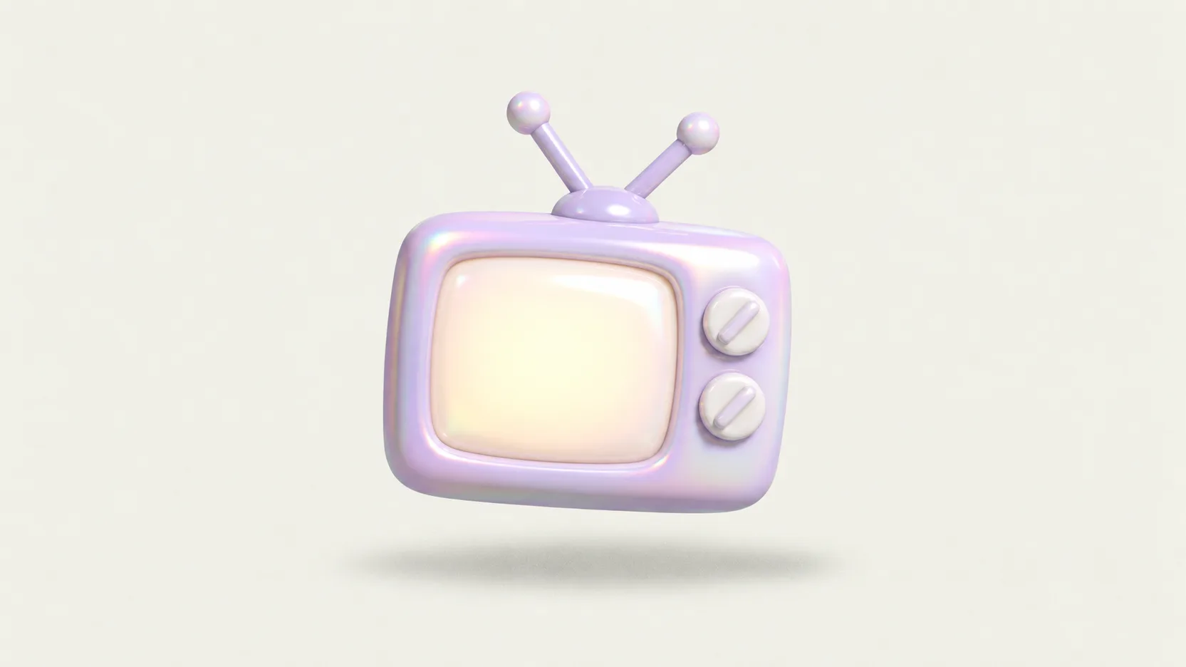 Uma televisão retrô inflável lilás com a tela acesa, sobre fundo creme.