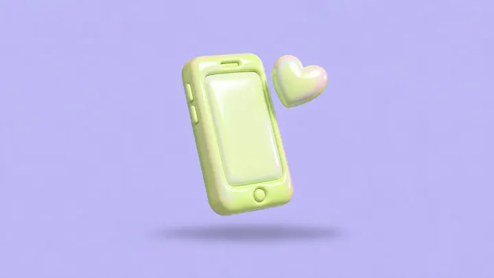 Um celular inflável verde-lima em pé, com uma pequena bolha em forma de coração saindo da tela, sobre fundo lilás.