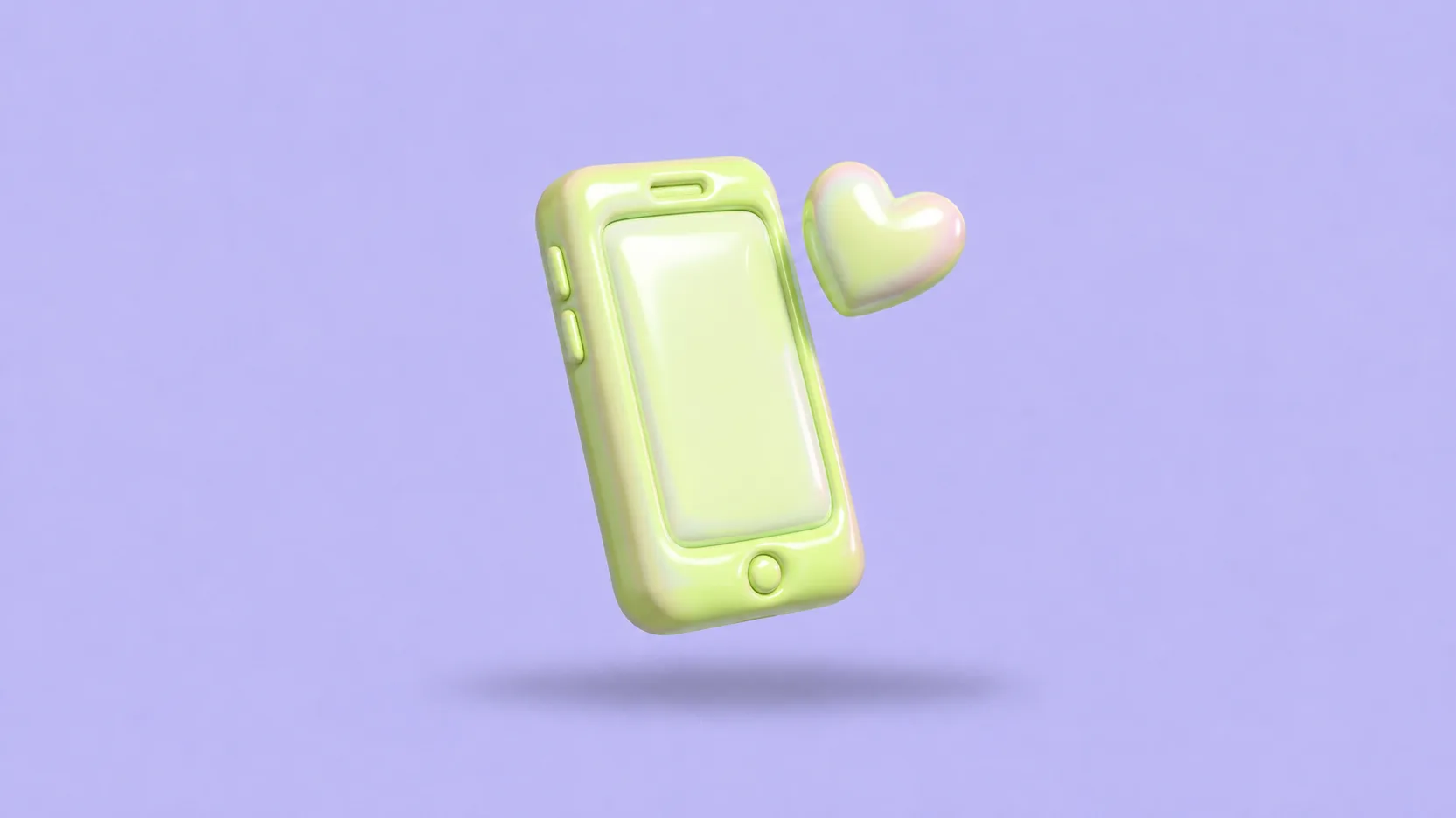 Um celular inflável verde-lima em pé, com uma pequena bolha em forma de coração saindo da tela, sobre fundo lilás.