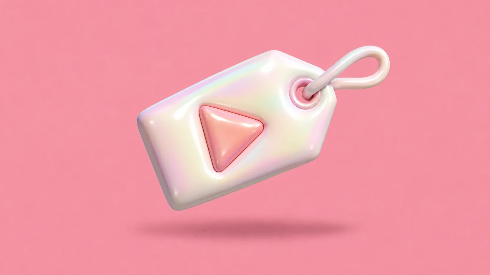 Uma etiqueta de preço inflável rosa com um botão de play em relevo, sobre fundo rosa.