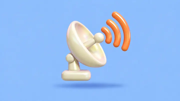 Uma antena parabólica inflável creme com três arcos de sinal laranja, sobre fundo azul-claro.