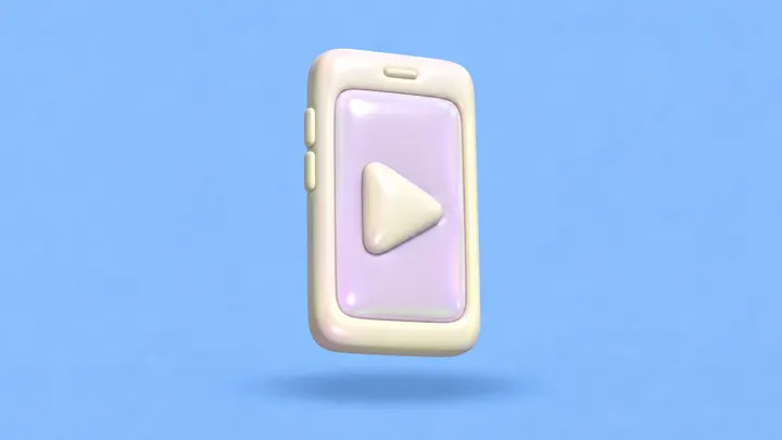 Um smartphone inflável em pé, com tela lilás e um triângulo de play arredondado, sobre fundo azul-claro.