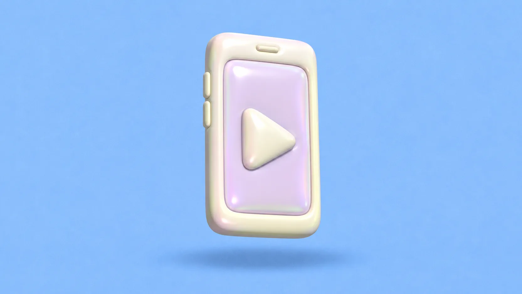 Um smartphone inflável em pé, com tela lilás e um triângulo de play arredondado, sobre fundo azul-claro.