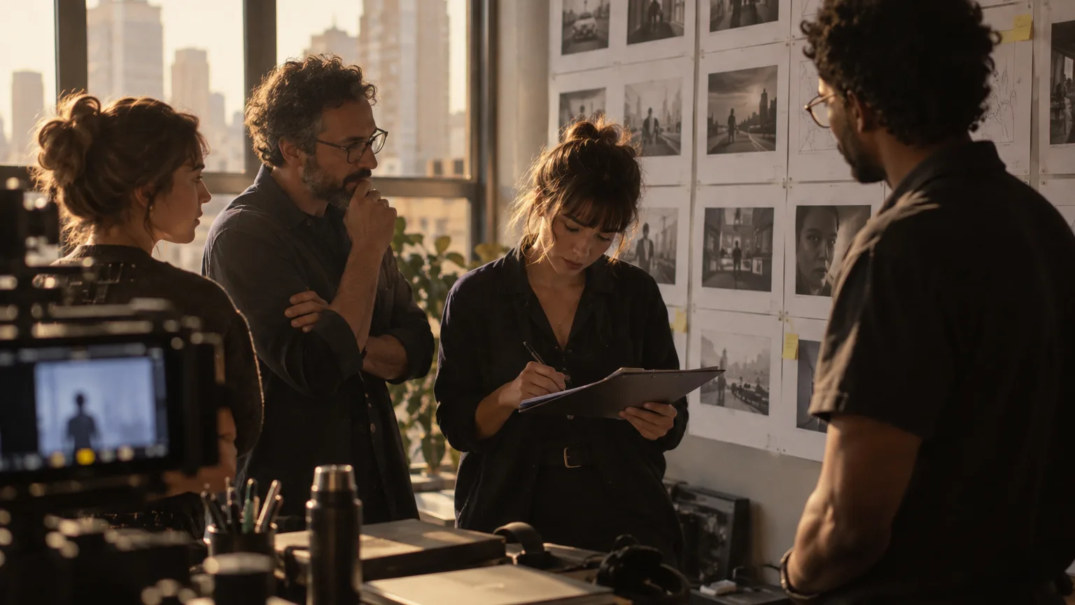 Equipe de marca e diretor de filme em pé diante de uma parede com quadros de storyboard; uma mulher assina uma folha numa prancheta.