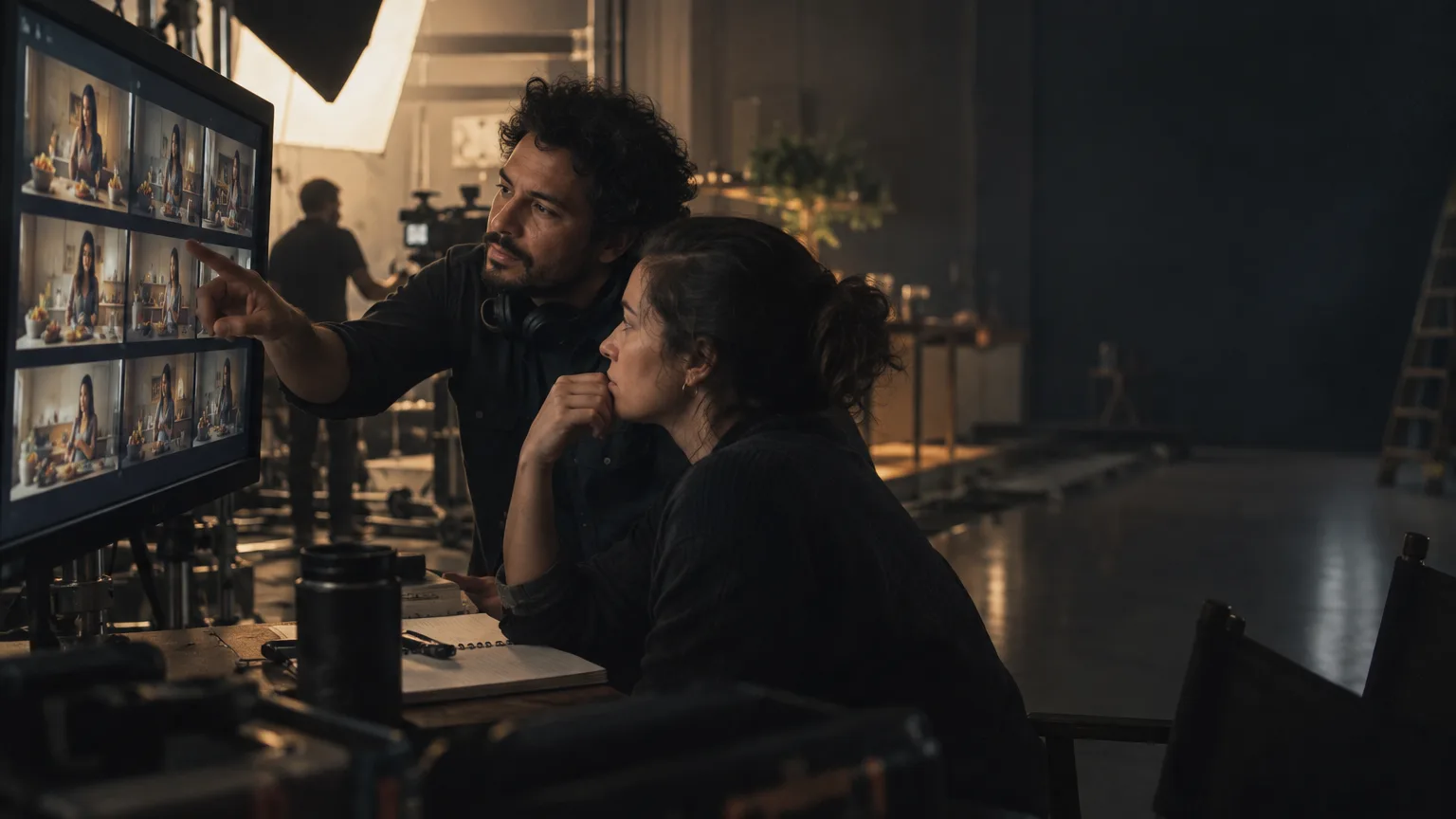Diretor de criação e produtor num estúdio escuro observando um monitor com uma grade de quadros de storyboard gerados por IA; um deles aponta para a tela.