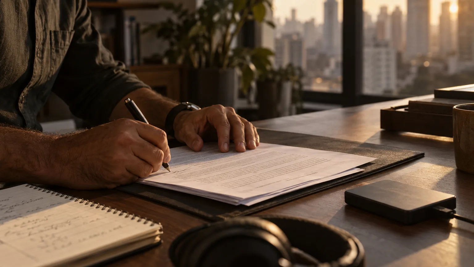 Mãos de um produtor rubricando páginas de um contrato impresso, ao lado de um HD externo, uma lista de planos e fones de ouvido.