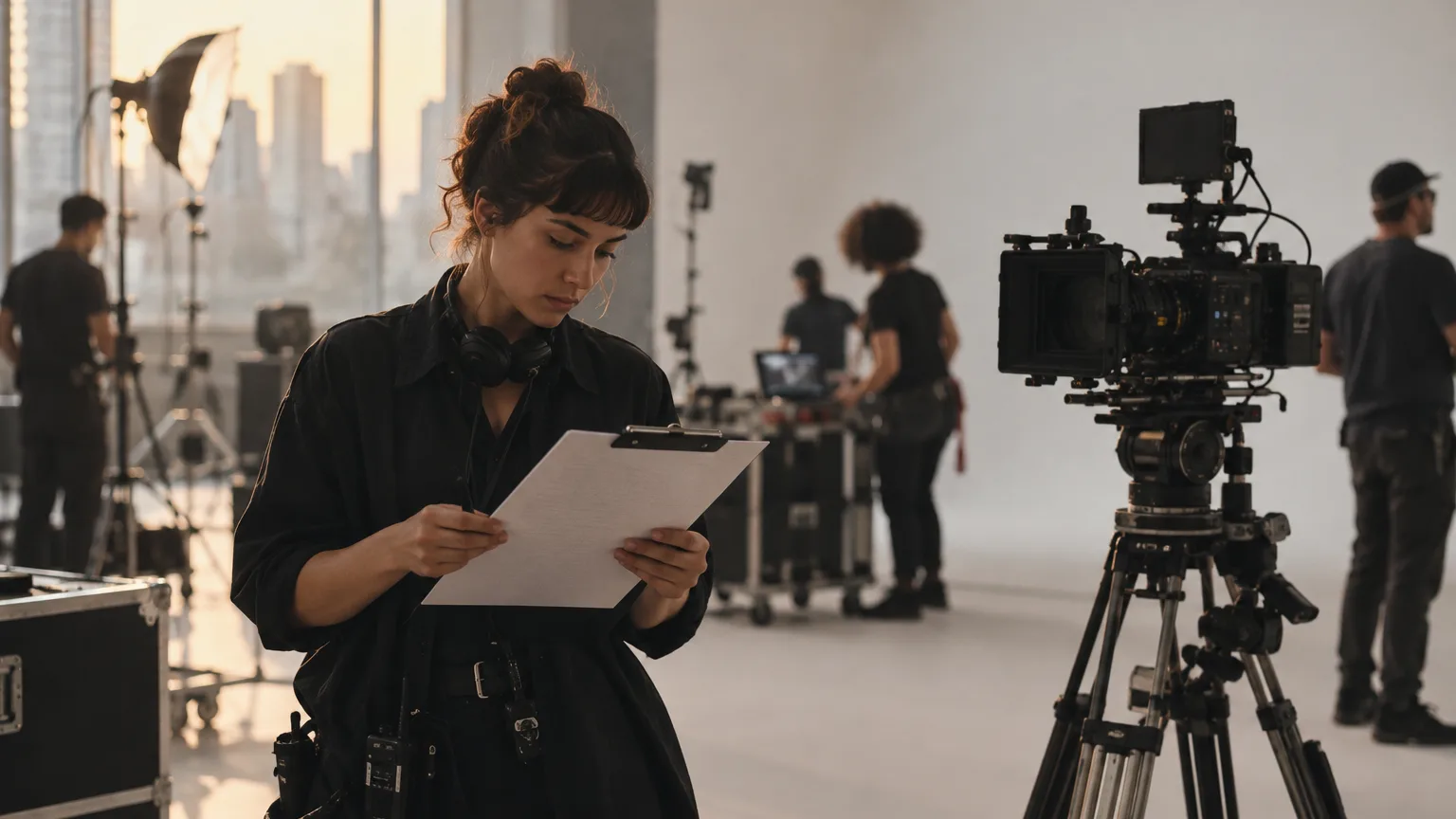 Assistente de direção num estúdio de fundo infinito branco conferindo uma prancheta com uma única folha ao lado de uma câmera de cinema no tripé, com a equipe desfocada ao fundo.