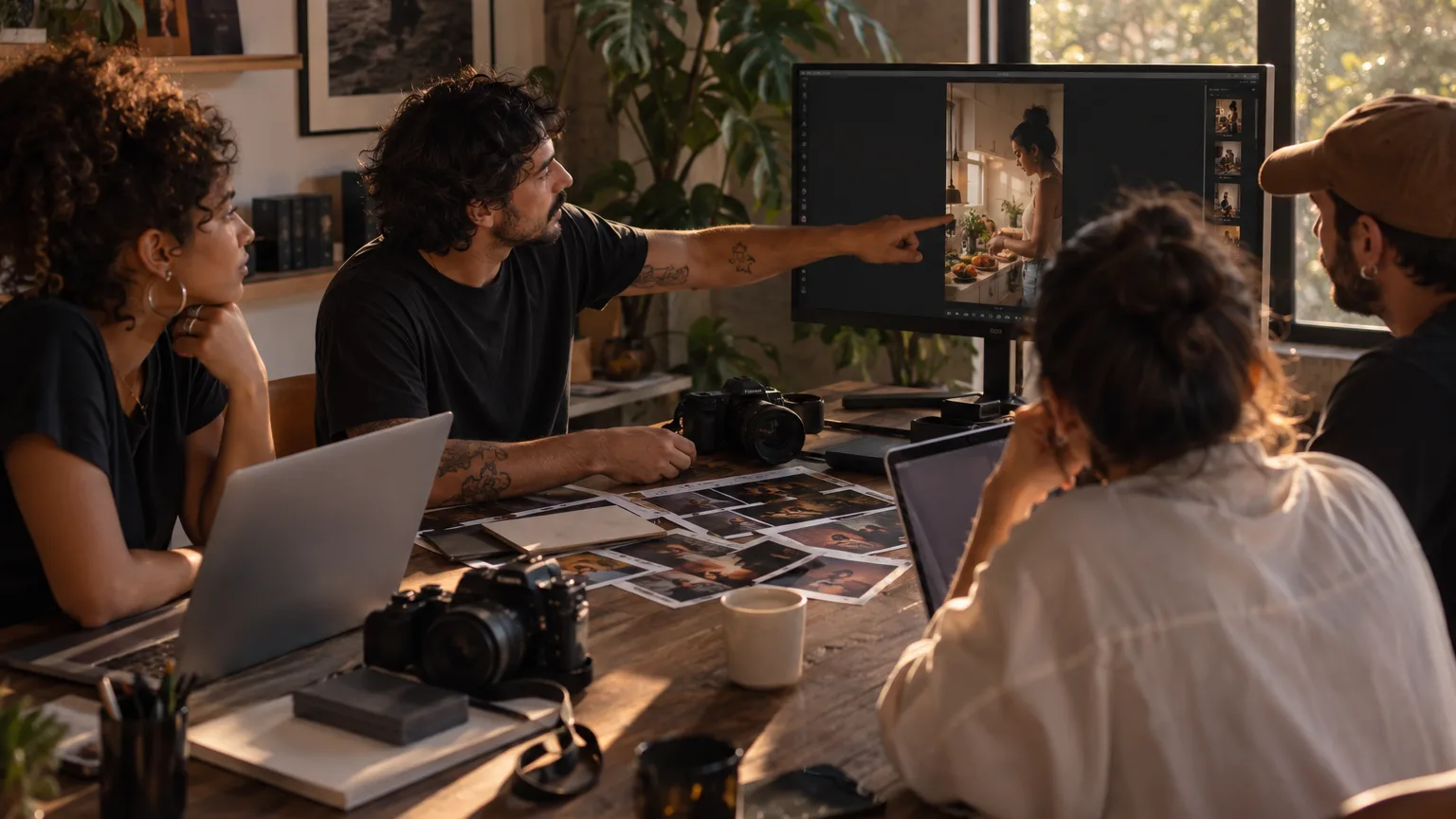 Equipe de quatro pessoas em volta de uma mesa num estúdio criativo, com notebooks, lista de planos impressa e um monitor mostrando um vídeo vertical.