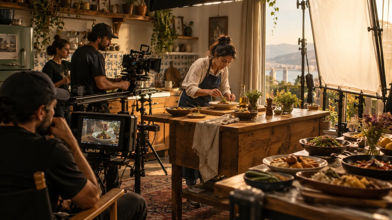Cozinha de uma casa transformada em set: food stylist monta um prato na bancada, câmera num slider e rebatedores junto à janela.
