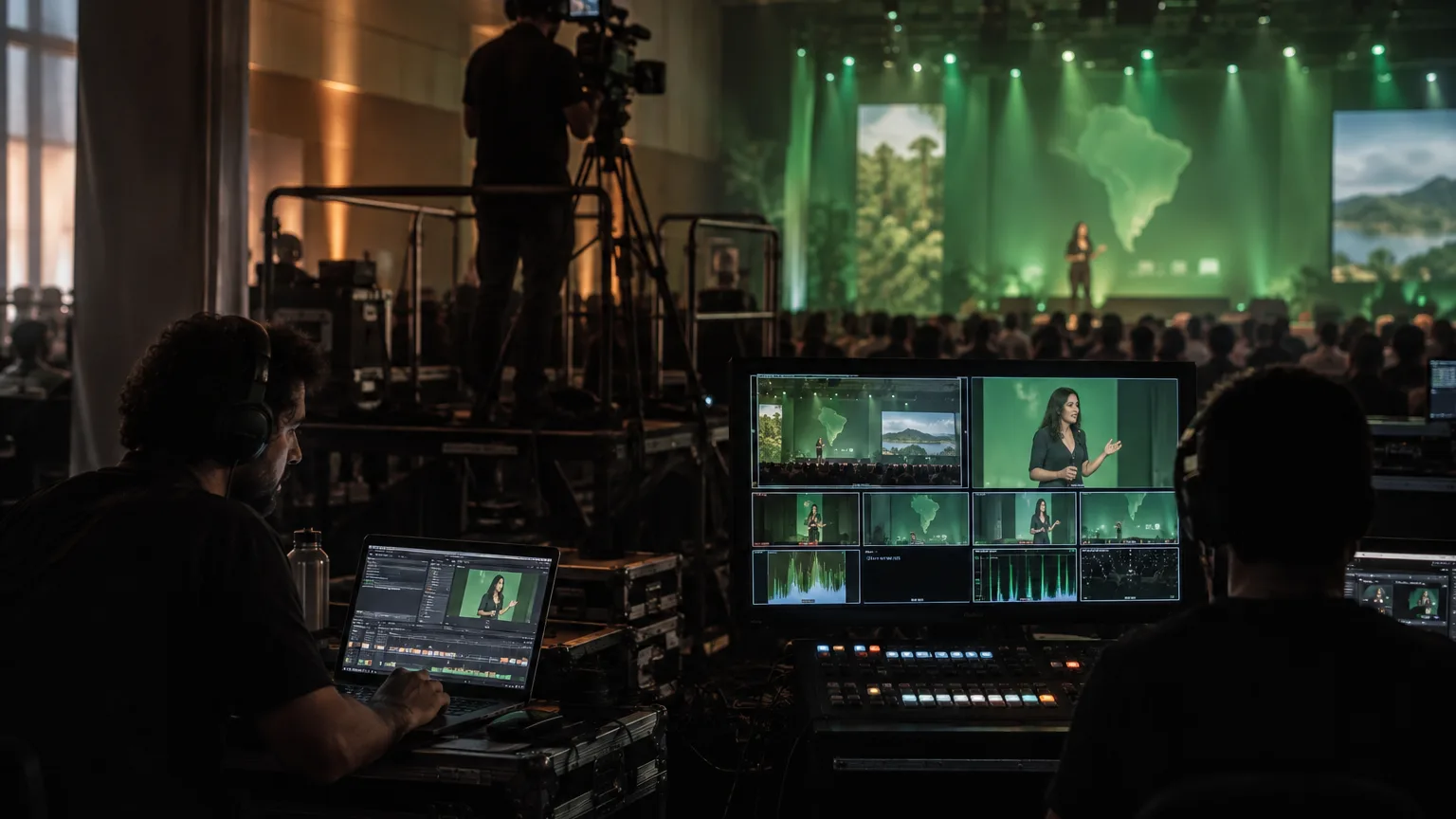 Bastidor de um evento corporativo: operador de câmera filma o palco iluminado de verde, com mesa de corte e monitores em primeiro plano.