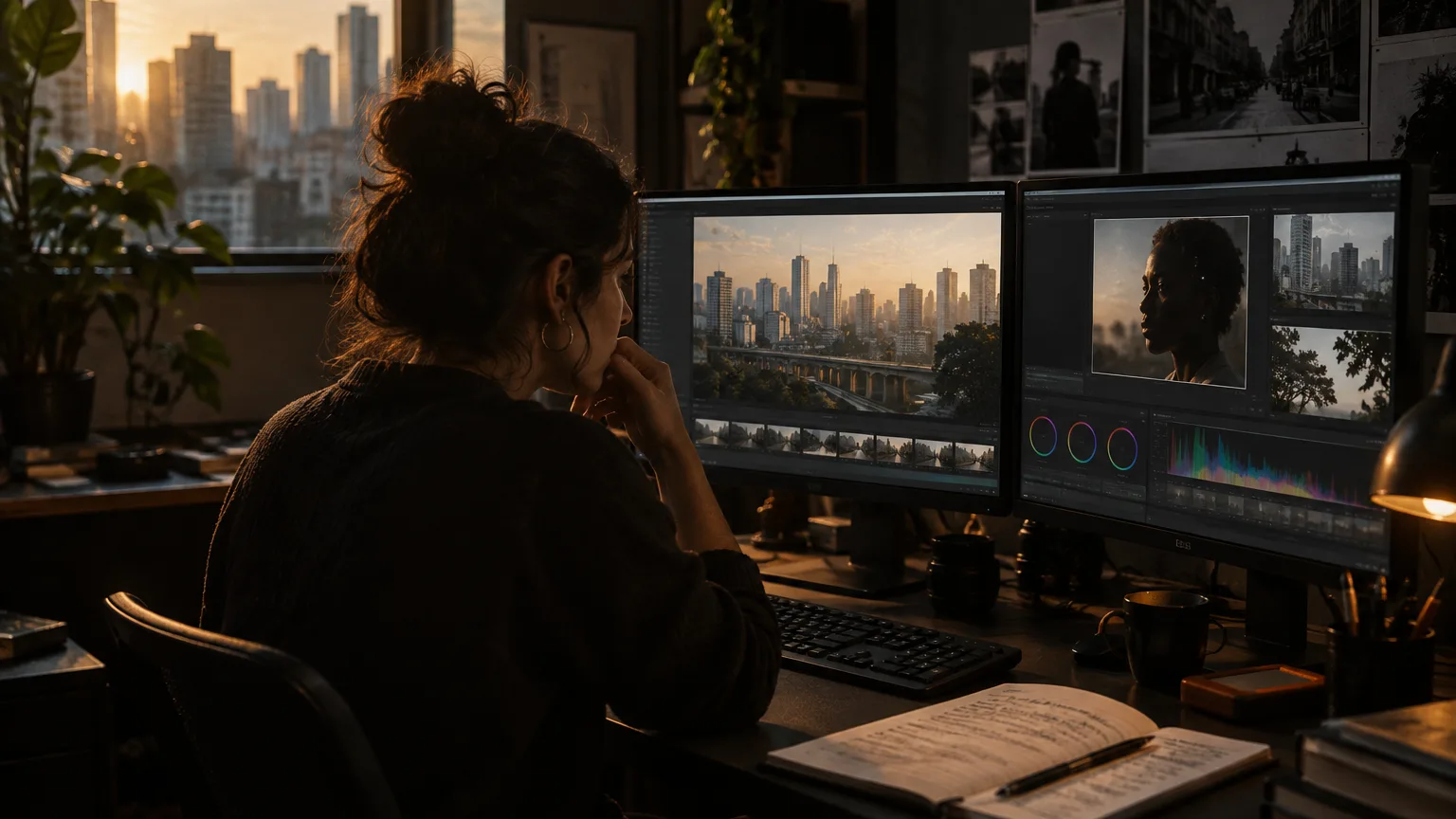 Editora revisa imagens em dois monitores numa sala de pós-produção escura, com anotações de revisão num caderno ao lado.