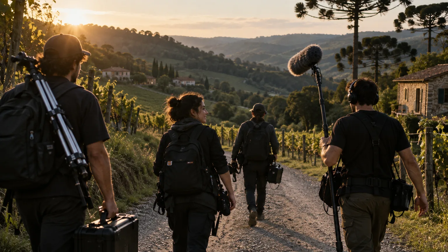 Equipe de filmagem caminha por uma estrada no interior da Serra Gaúcha carregando cases, tripés e vara de boom, com vinhedos ao fundo.