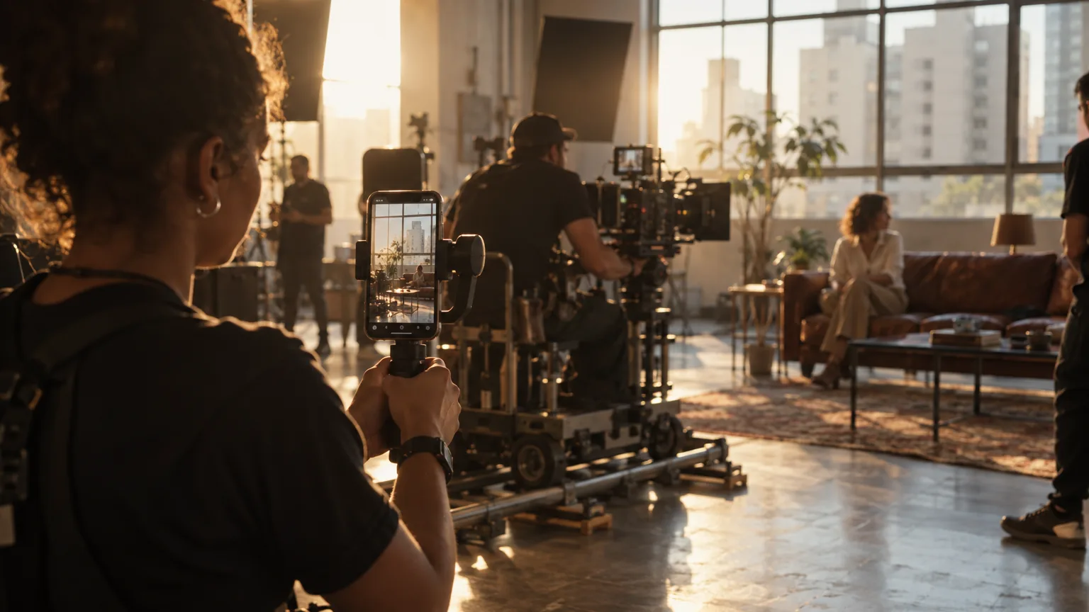 Bastidor de um set publicitário: ao fundo, uma câmera de cinema num dolly; em primeiro plano, um integrante da equipe enquadra a mesma cena com um celular vertical num gimbal.