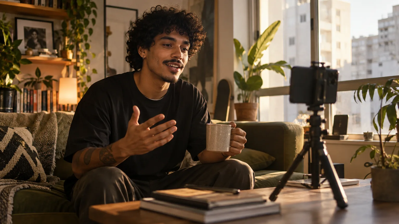 Um jovem creator grava um vídeo de si mesmo com o celular num tripé pequeno, na sala do apartamento, segurando uma xícara de café, sob luz de janela.