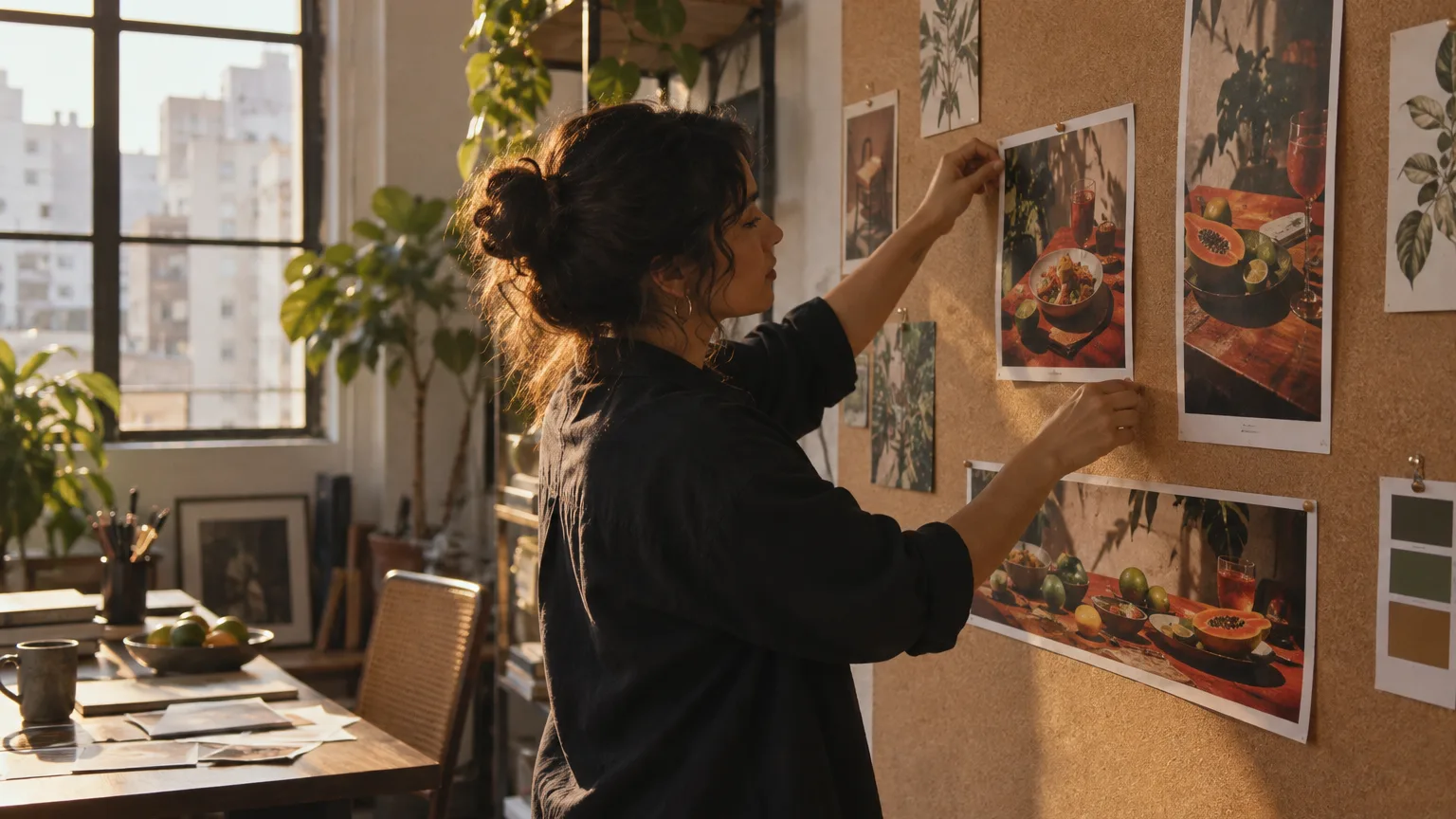 Uma diretora de arte prende numa parede de cortiça fotografias impressas em proporções diferentes — vertical, quadrada e horizontal — da mesma cena de comida.