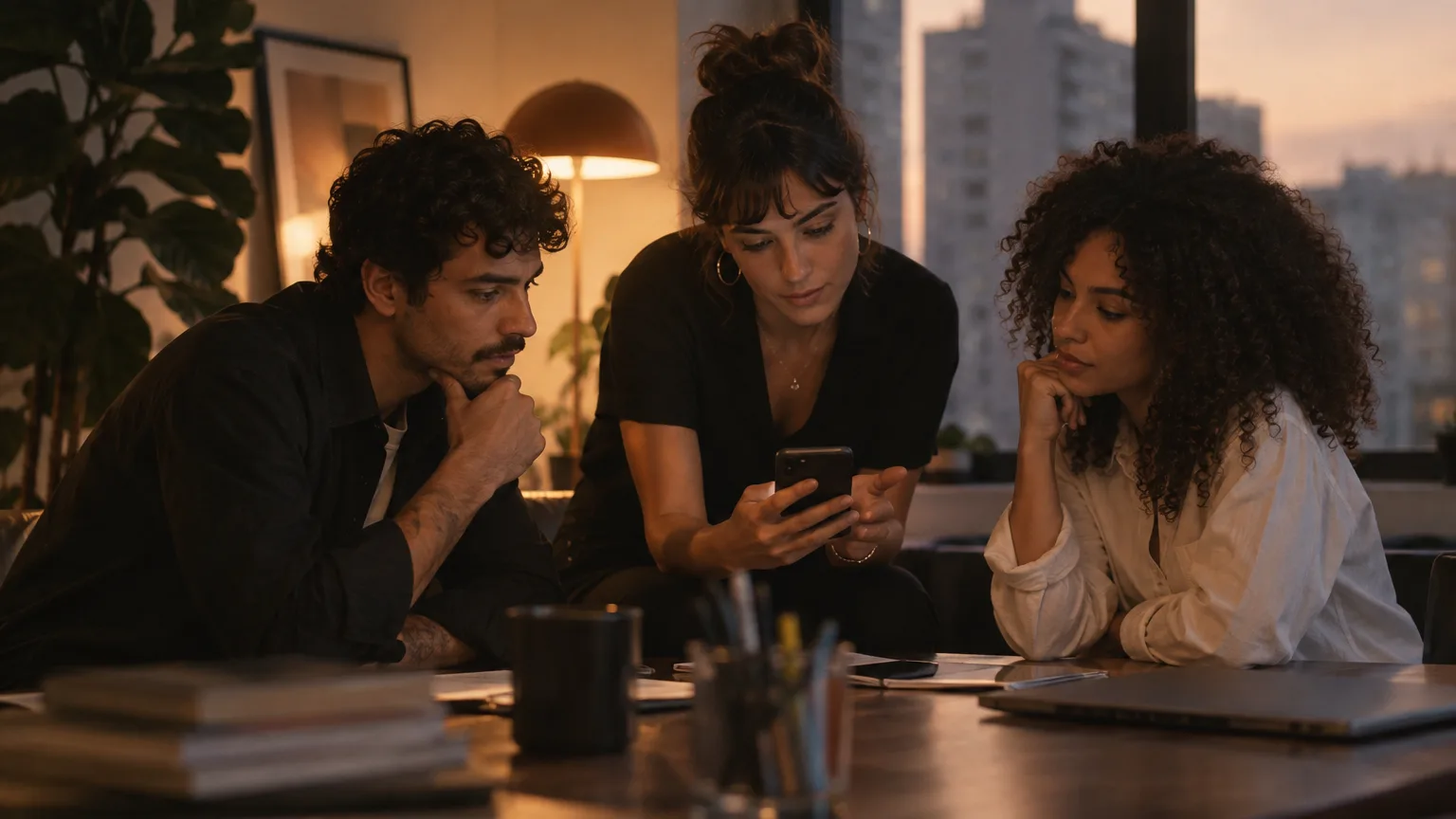 Três pessoas de um time de marketing se inclinam sobre a mesa de reunião, ao entardecer, olhando um celular na vertical que uma delas segura.