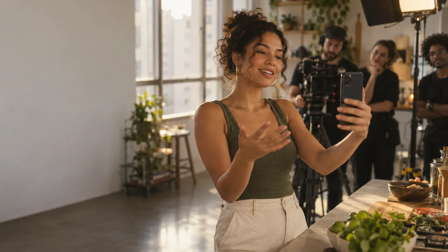 Uma creator grava um vídeo vertical com o celular numa cozinha de estúdio iluminada, enquanto uma pequena equipe de filmagem acompanha ao fundo, fora de foco.