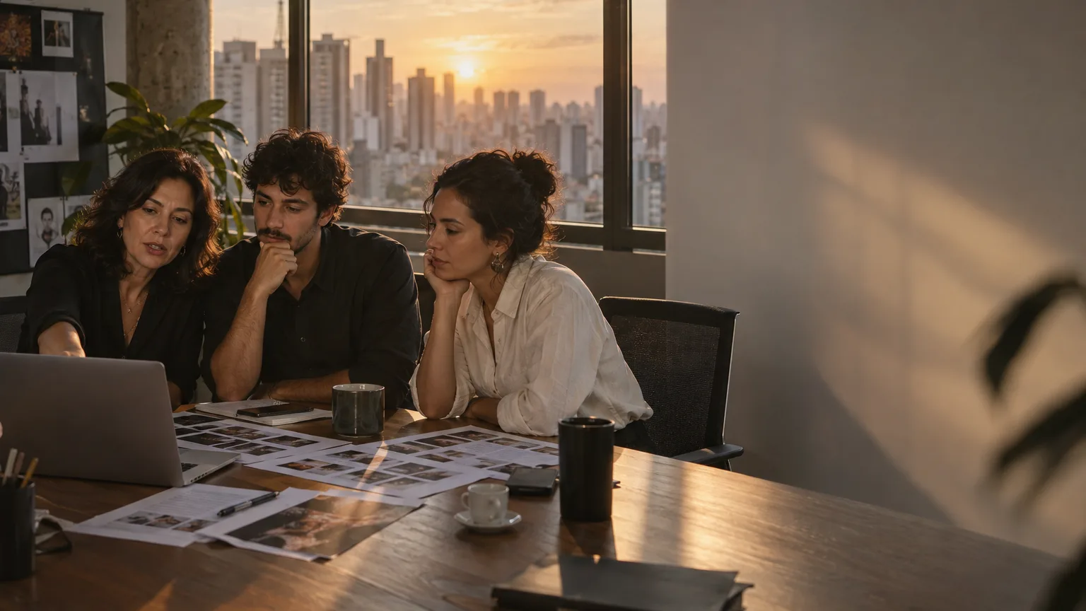 Três profissionais de marketing em volta de uma mesa com laptop e folhas de storyboard impressas.