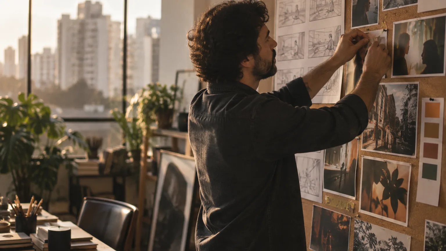 Diretor de arte prende frames de storyboard e amostras de cor num painel de cortiça.