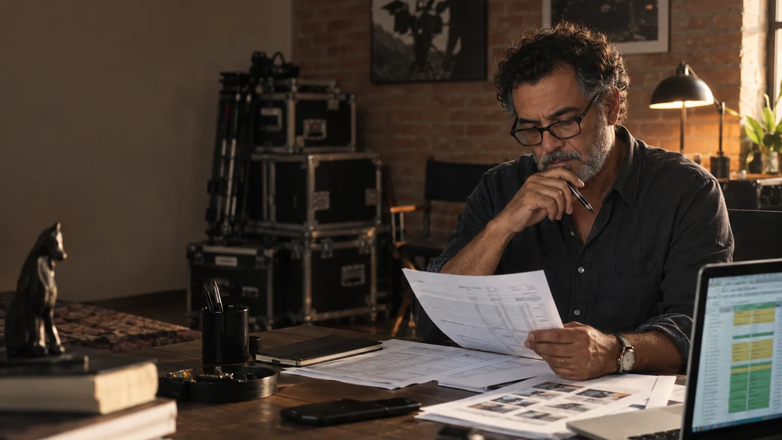 Produtor executivo revisa um orçamento impresso e ordens do dia na mesa do escritório de produção.