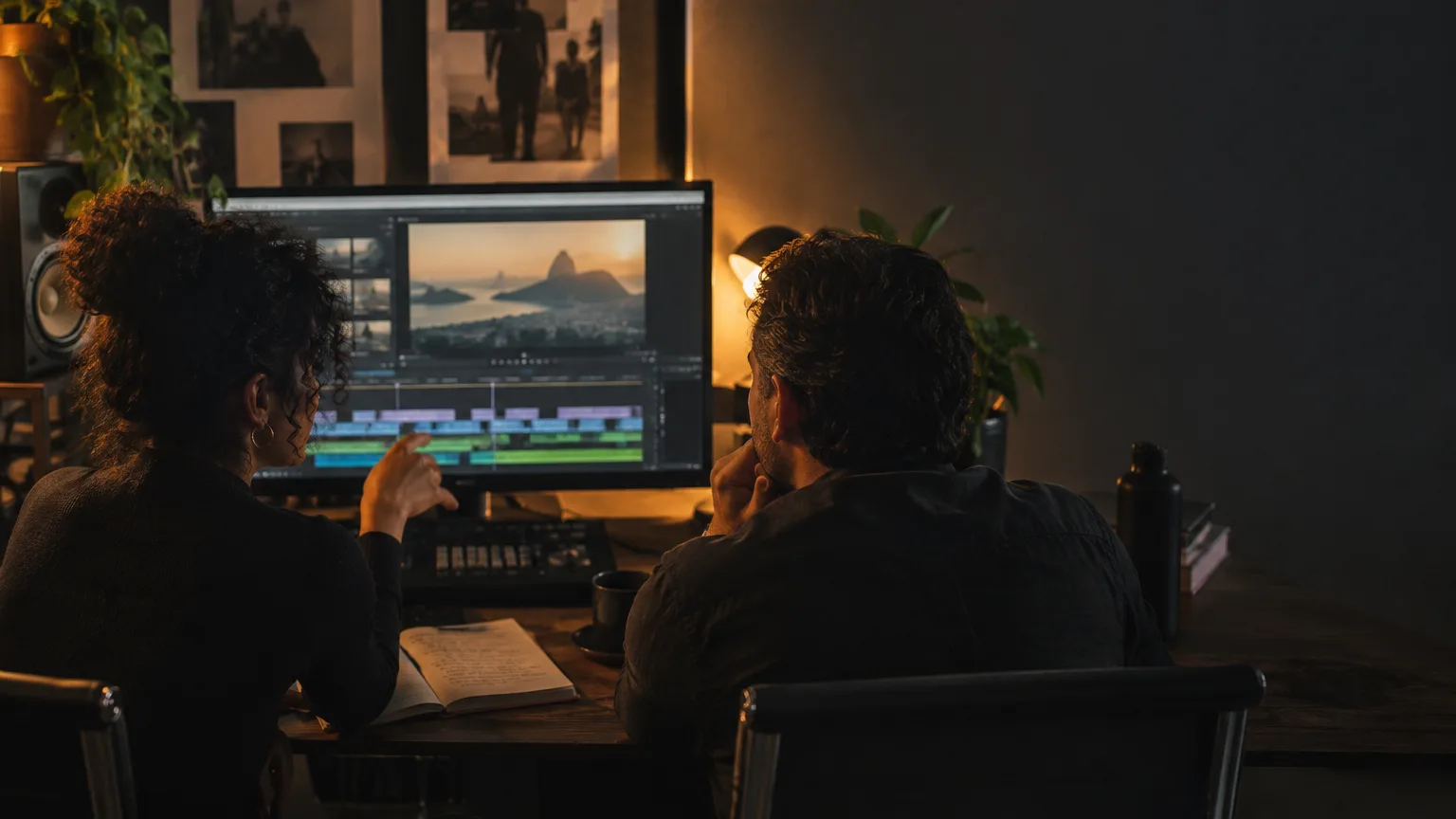 Editora e representante do cliente revisam um corte num monitor grande numa ilha de edição à meia-luz.