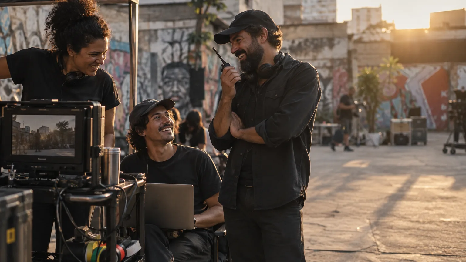 Integrante da equipe, editor com laptop e produtor com rádio conversam em volta de um monitor numa locação urbana.
