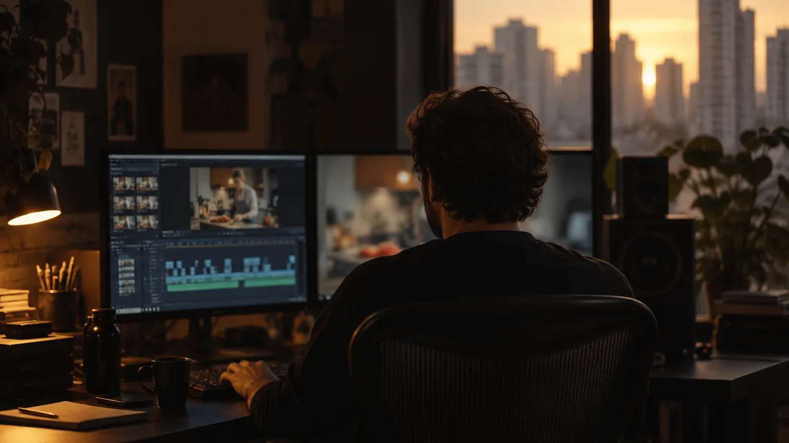 Editor de vídeo de costas, numa ilha de edição à meia-luz, diante de dois monitores com uma cena de cozinha desfocada.