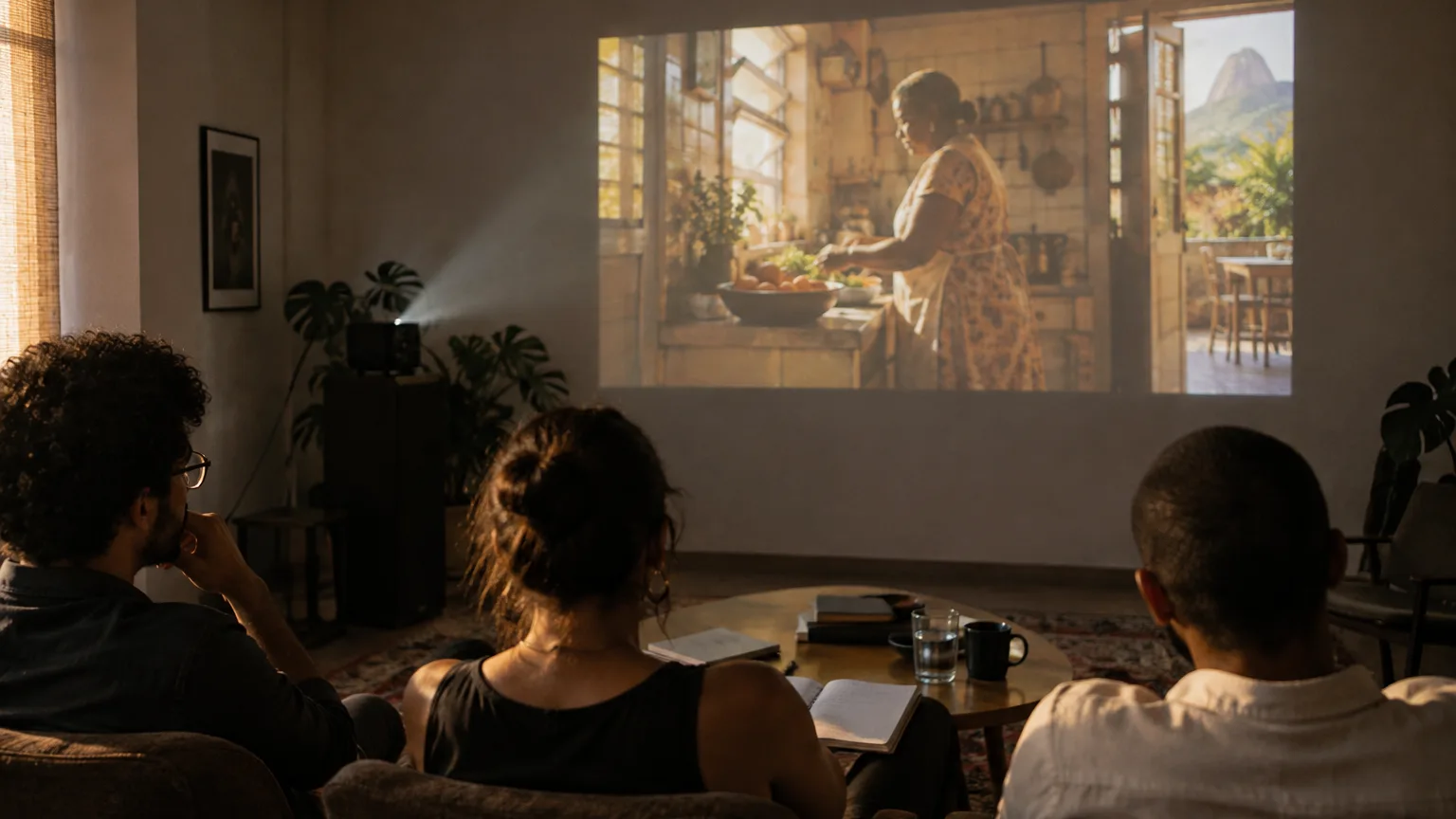 Três profissionais, de costas, assistem a um frame projetado numa parede em uma pequena sala de exibição.