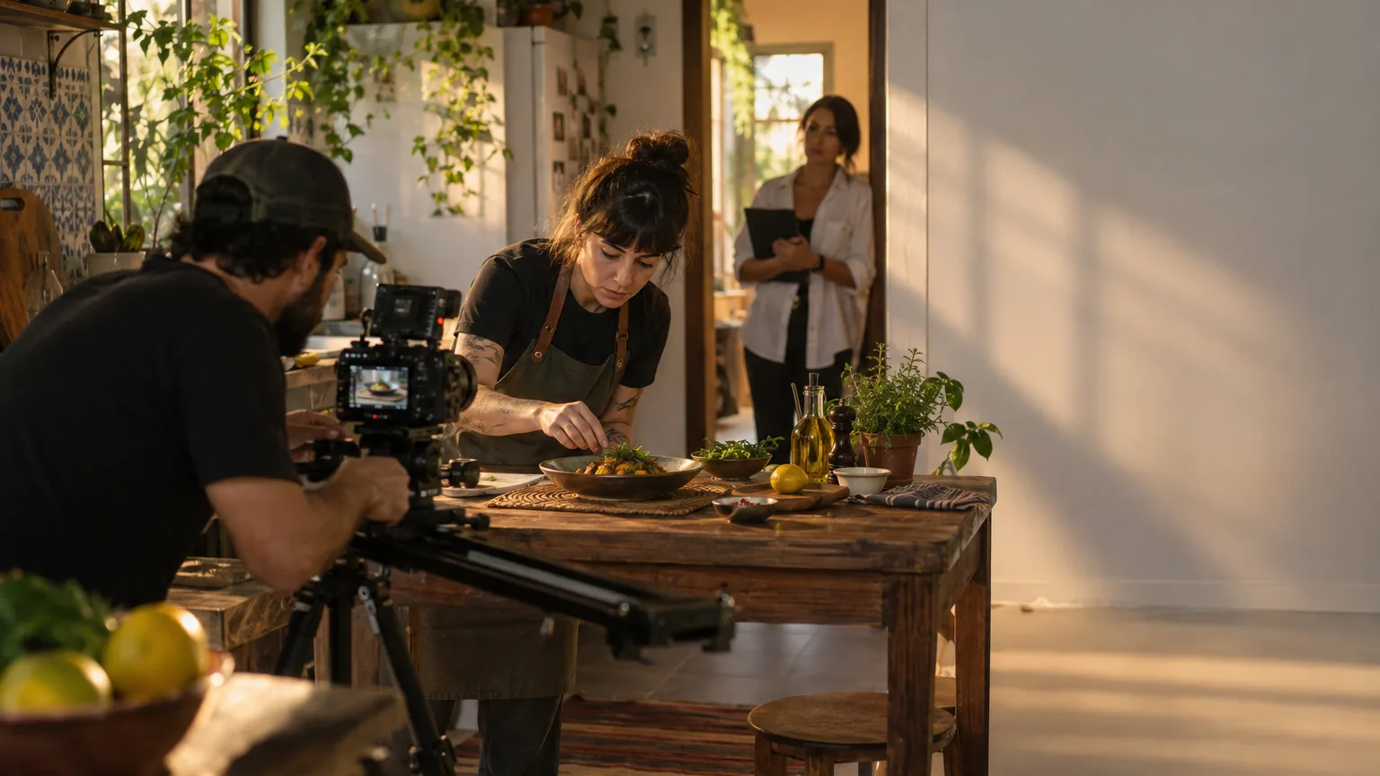 Bastidor de uma filmagem na cozinha de uma casa: culinarista arruma um prato, operador de câmera enquadra, produtora observa da porta.