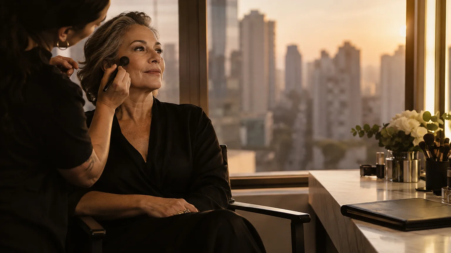Atriz de cerca de sessenta anos é preparada numa cadeira de maquiagem, ao lado de uma janela, com uma pasta fechada sobre a bancada.