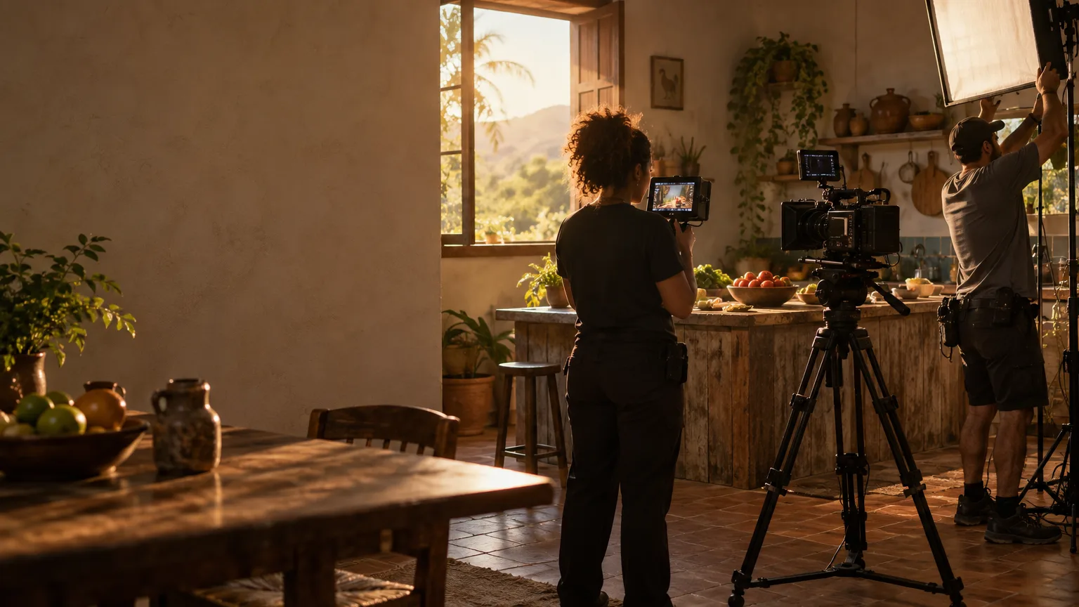 Pequena equipe de filmagem trabalha na cozinha de uma casa de campo ao entardecer, com câmera no tripé e luz difusa.