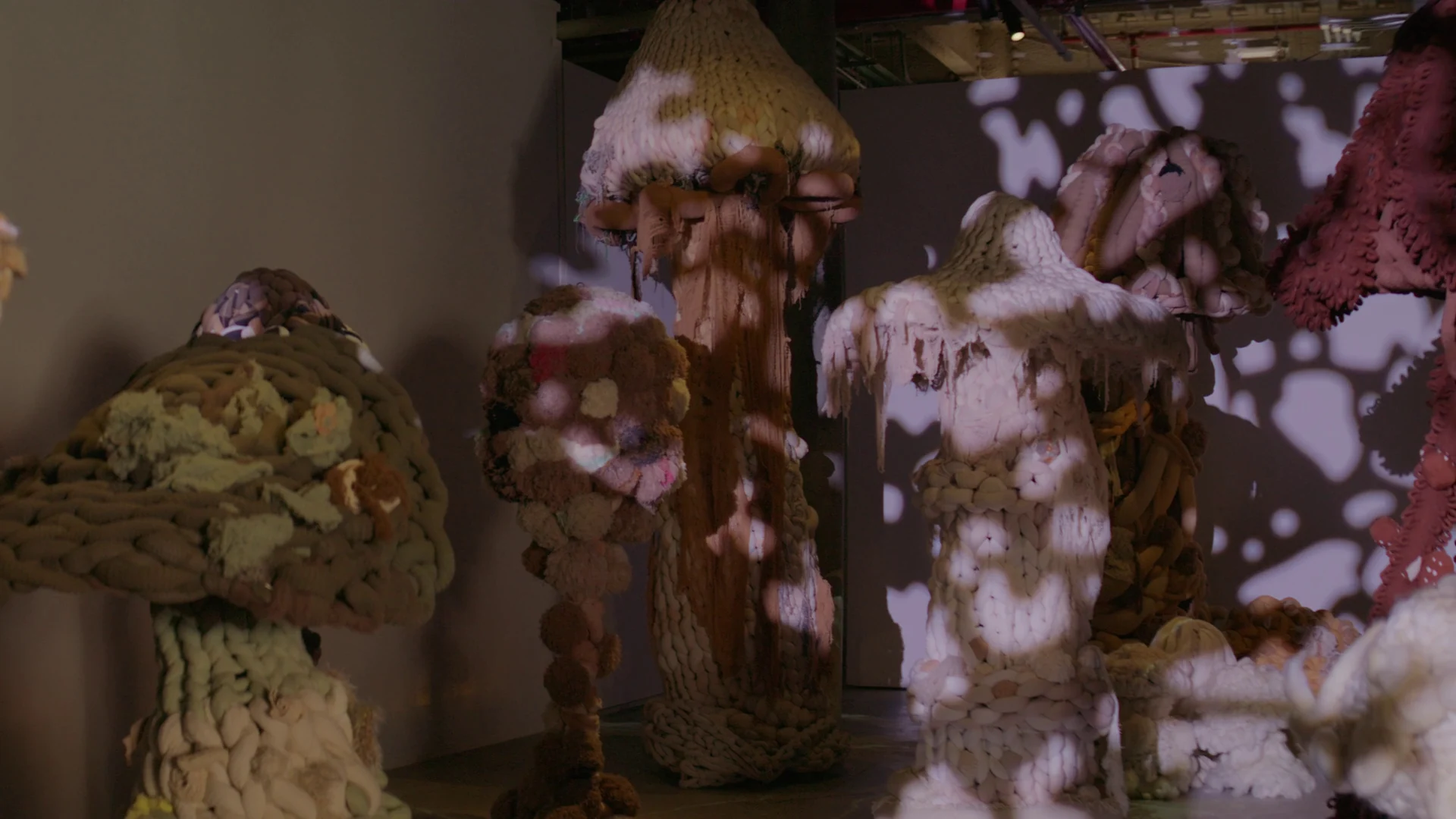 Esculturas de cogumelo em tricô de lã de vários tamanhos, com manchas de luz projetadas na parede ao fundo.
