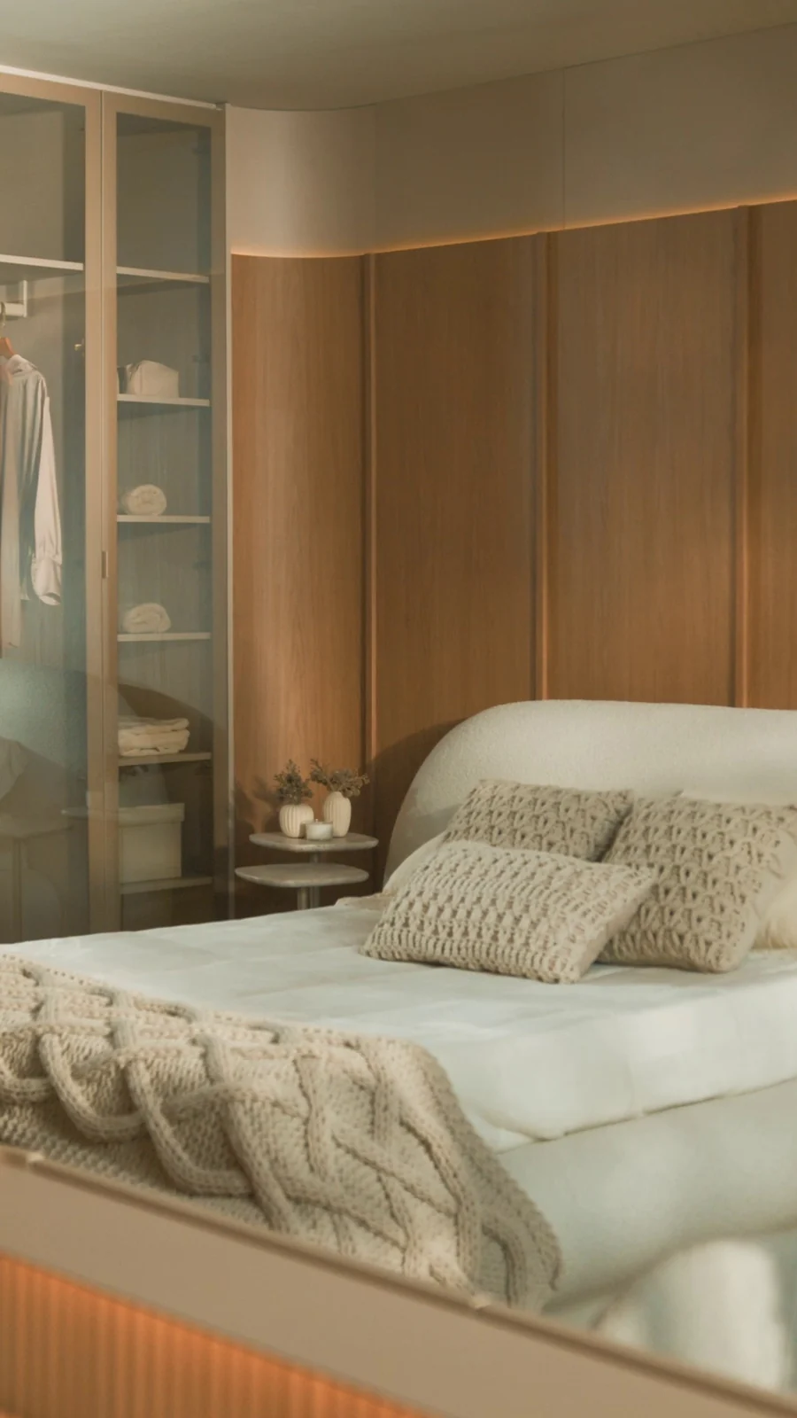 Quarto com cama de roupa clara, manta de tricô trançado, almofadas e painéis de madeira com luz embutida.