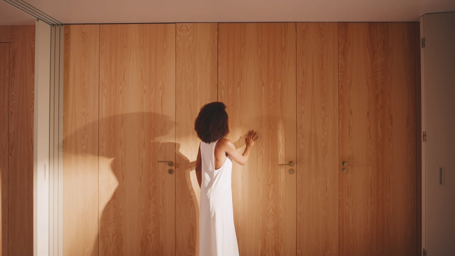 Mulher toca uma parede de portas revestidas de madeira sob luz dourada que projeta sua sombra.