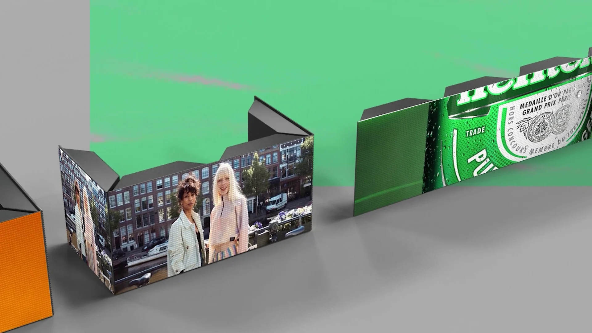 Animação 3D de módulos de LED se reconfigurando em formato de L e cubo sobre fundo escuro.