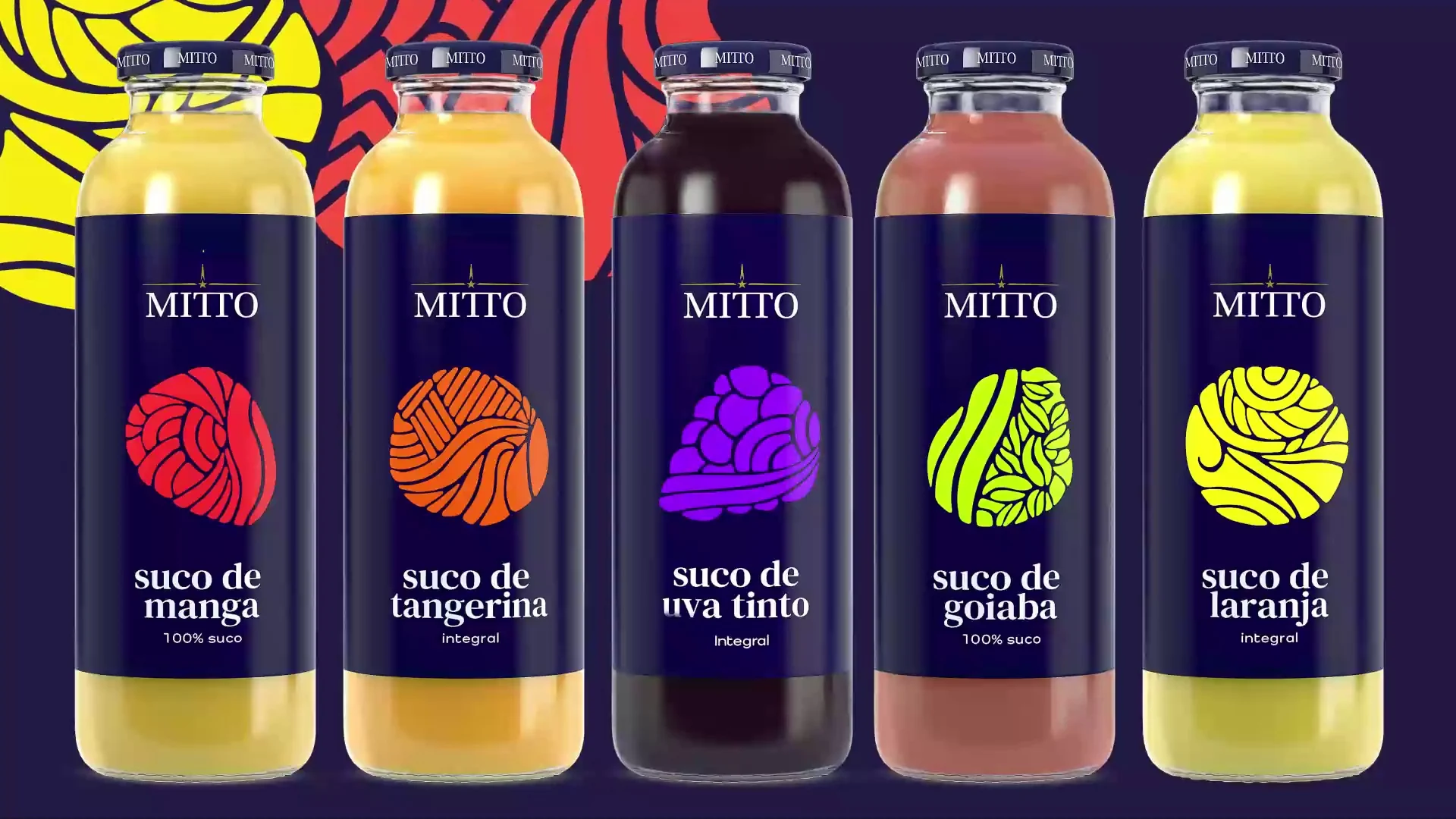 Fileira de garrafas de suco Mitto de cinco sabores, sobre fundo roxo com grafismos coloridos