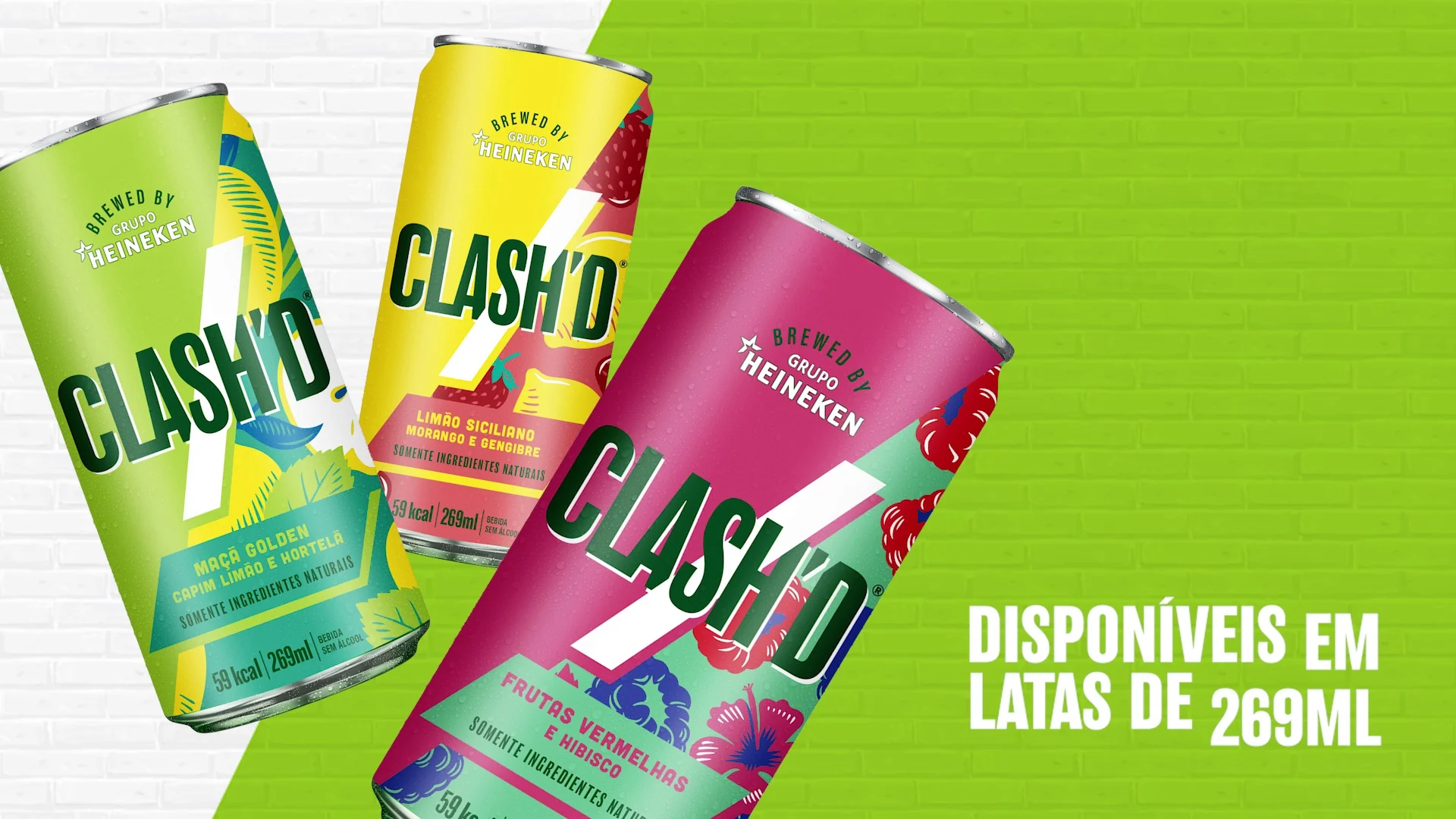 Três latas de Clash'd inclinadas sobre fundo verde, com o texto 'Disponíveis em latas de 269 ml'