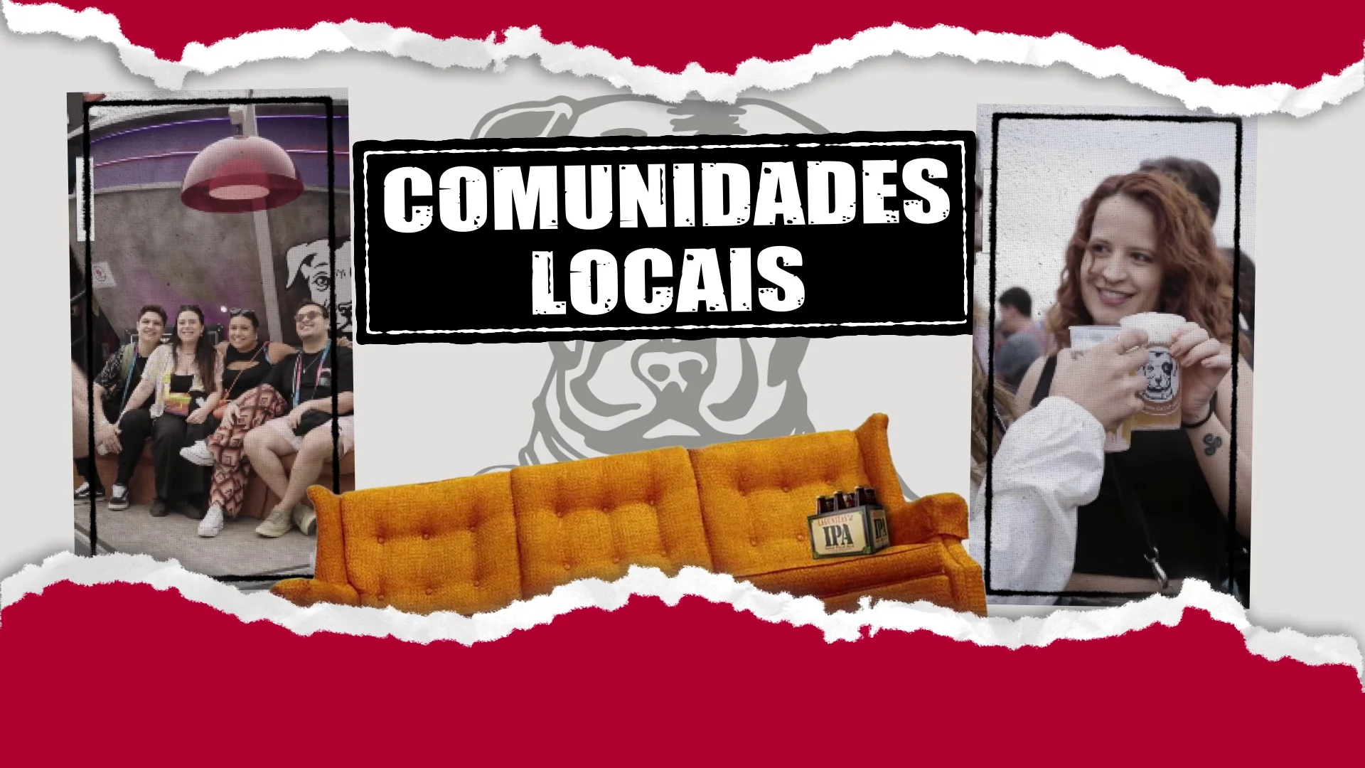 Colagem em papel rasgado vermelho com fotos de pessoas num sofá laranja e a cartela "Comunidades locais".