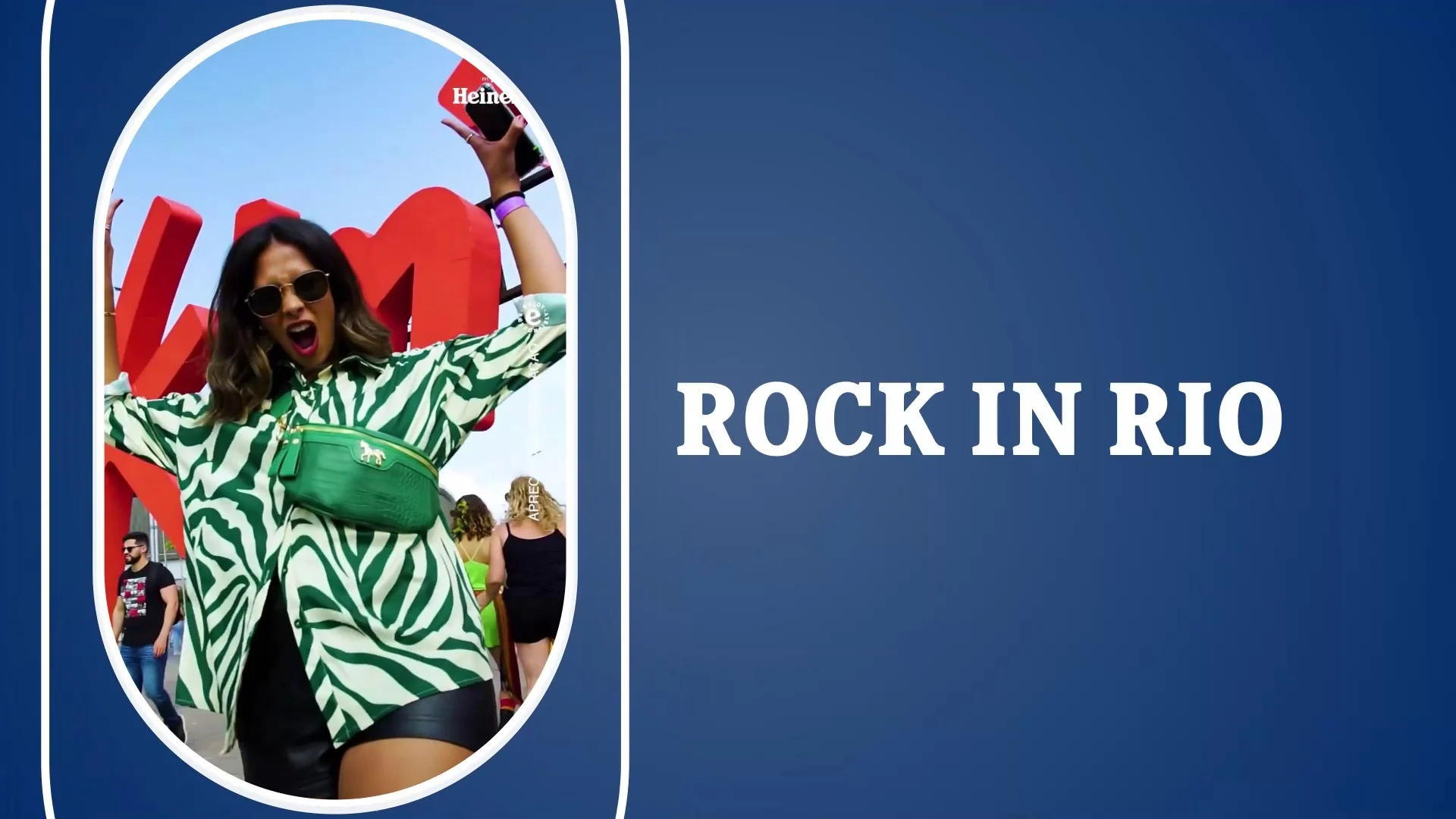Fundo azul com uma moldura em cápsula mostrando uma mulher de camisa estampada diante de letras vermelhas e o texto "Rock in Rio".